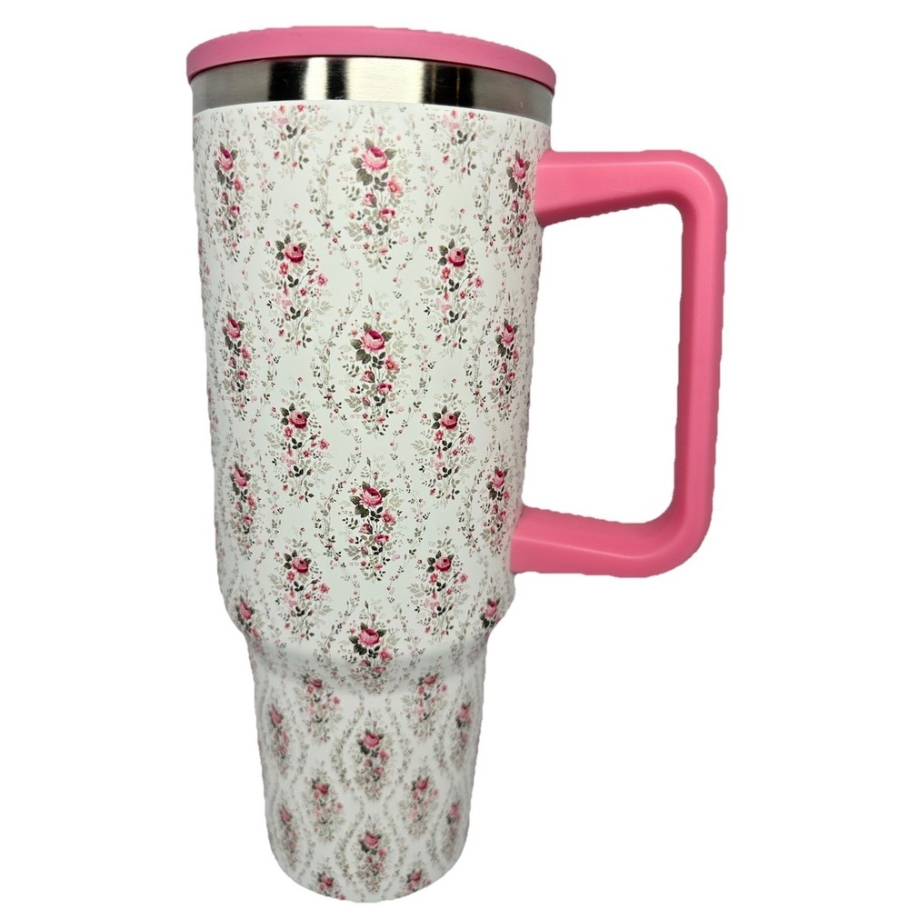 40oz Pink Floral Tumbler With Handle Straw Double Wall Stainless Steel Cup